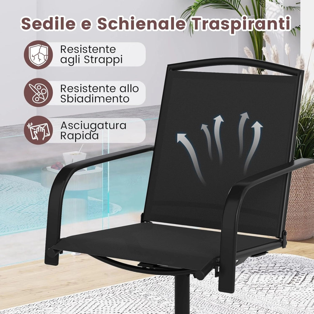 Set di 2 Sedie da Patio Girevoli, Poltrone a Dondolo in Rete a 360° con Schienale Alto e Base Rotonda in Metallo, Sedia a Dondolo Robuste per Giardino Balcone, Portata 150 kg (Nero)