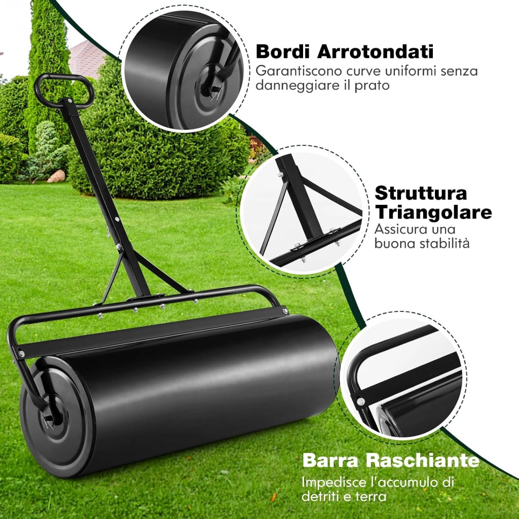 Rullo da Giardino per Prato 113 L 90 x 40 cm, Rullo per Prato in Metallo Riempibile di Acqua/Sabbia con Manico Antiscivolo, Ideale per Cortile, Parco e Fattoria (Nero)