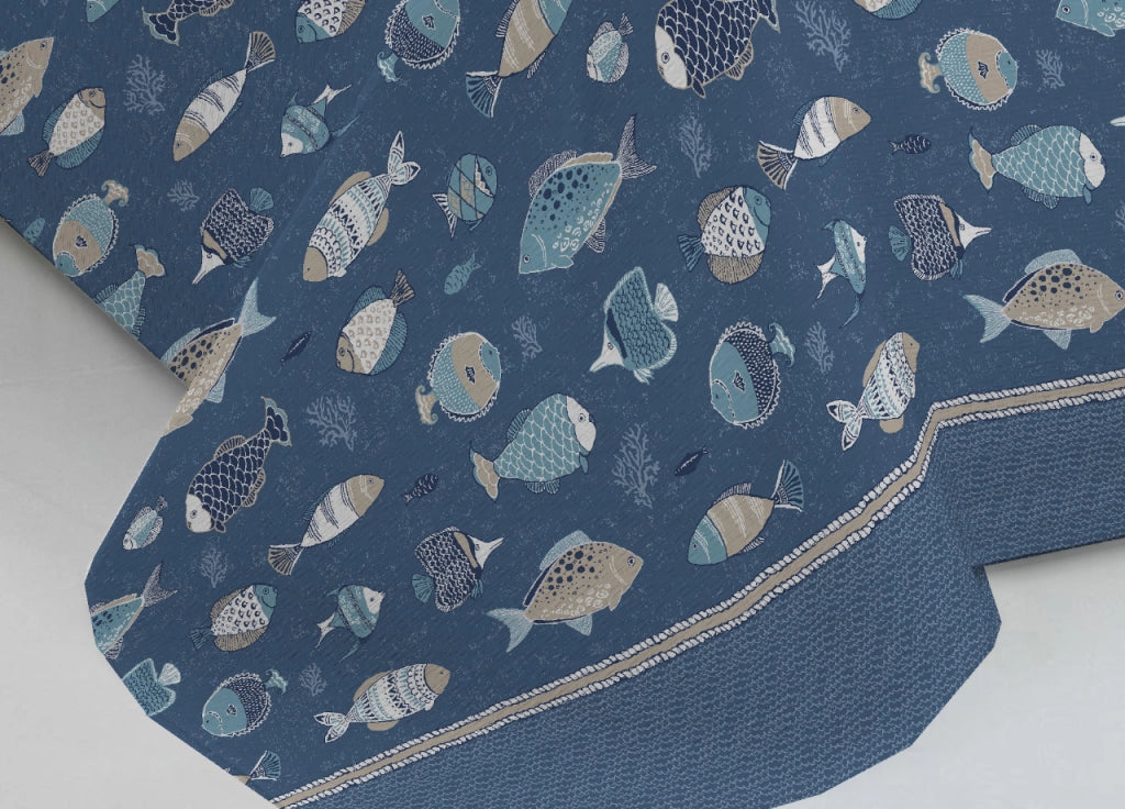 Copriletto Piquet Primavera Estate 100% Cotone Disegno Oceano - Singolo - Blu