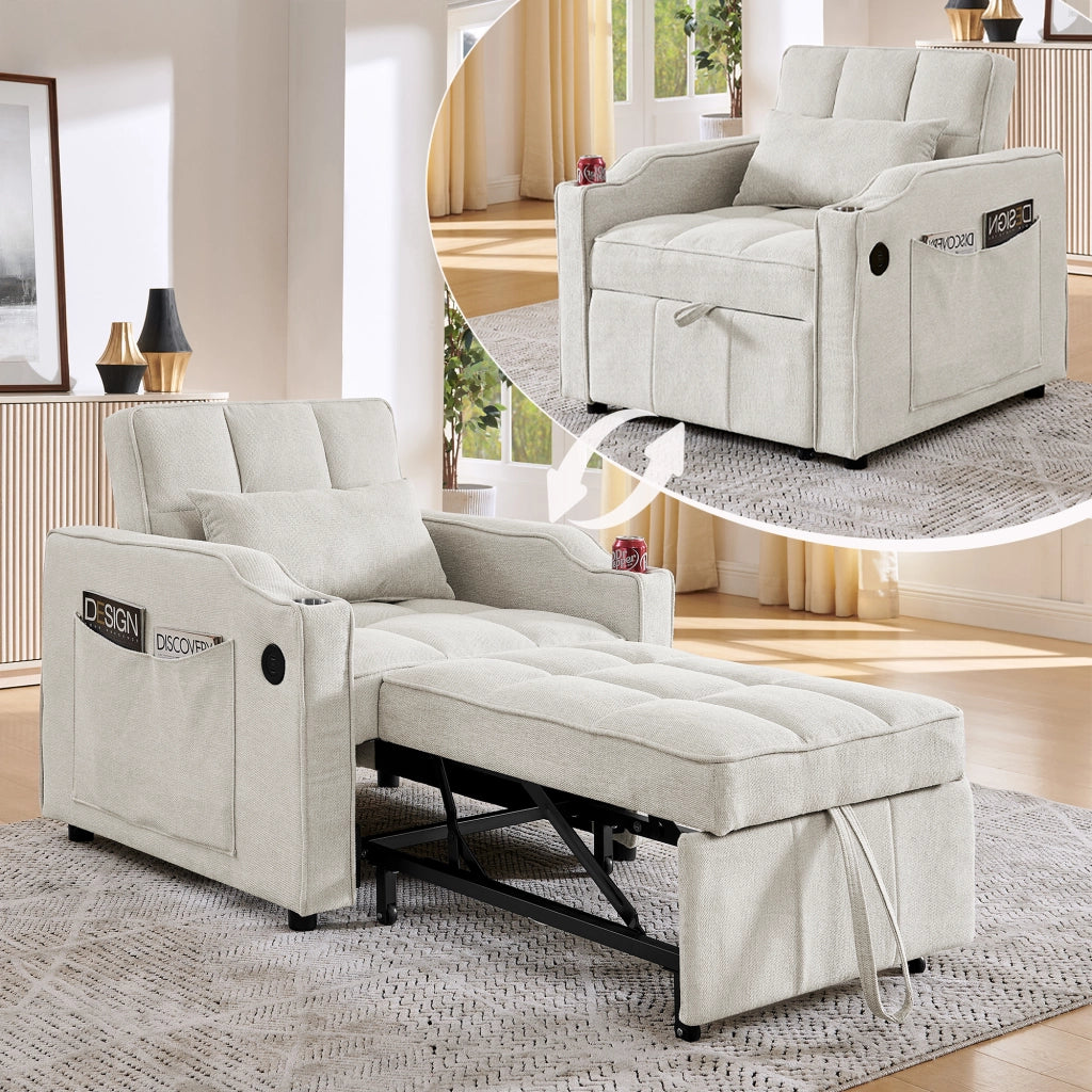 Divano letto 3 in 1 - con schienale regolabile; porta USB e porta bicchieri - in legno e tessuto - beige
