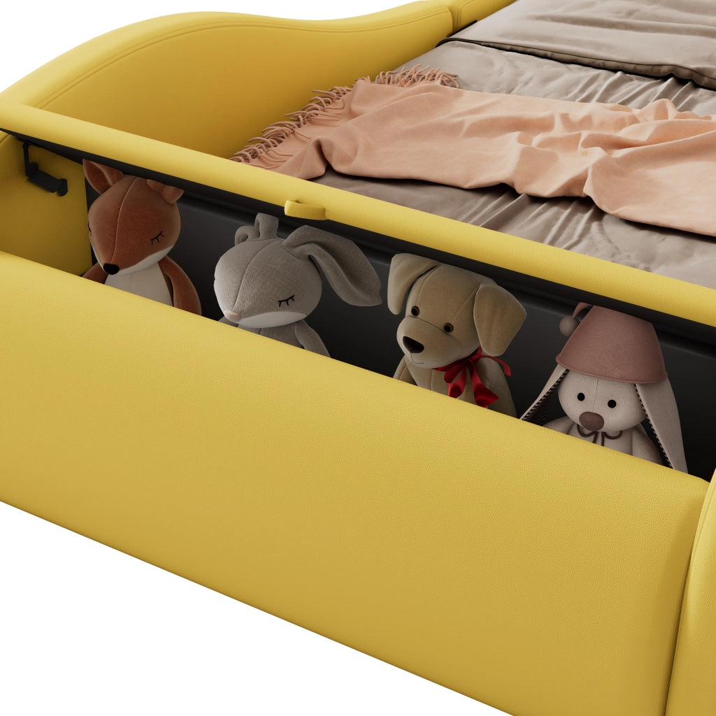 Letto per Bambini Letto Singolo con Ruote Luminose Regolabili e Vano Contenitore 90×200 cm; senza Materasso; PU; Giallo