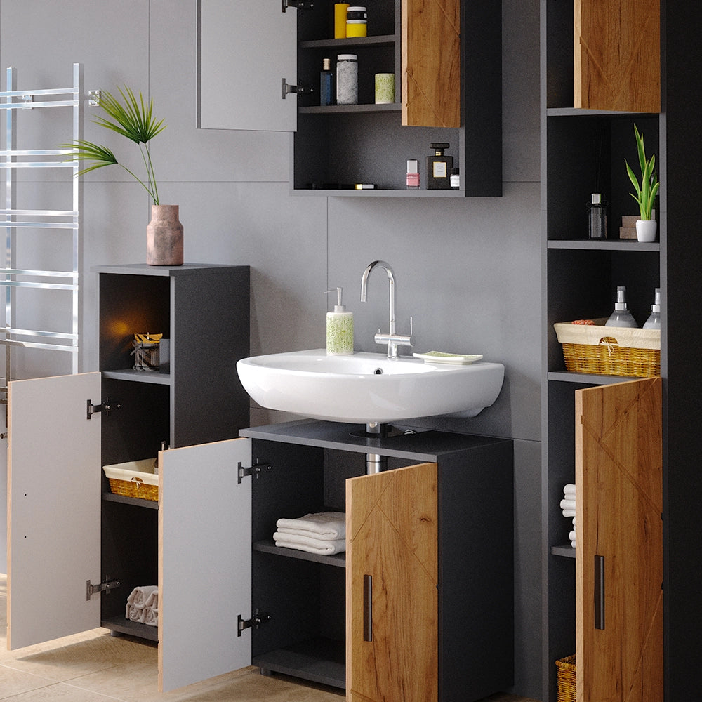 Vicco Set mobili bagno Quercia dorata/antracite 4 parti, con armadio alto