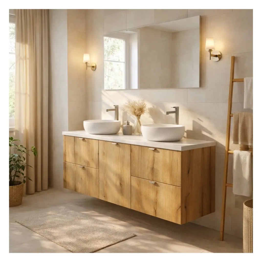 Set da bagno VANO effetto rovere e bianco 140cm: mobili sotto lavabo con cassetti e cesto per la biancheria + piano per lavabo