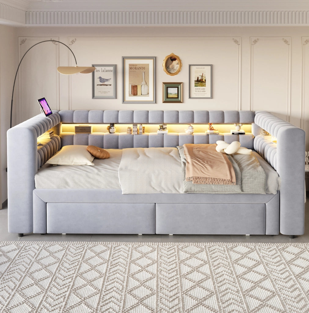 Divano letto estraibile 90x190/180x190 cm con cassetti, LED e USB-C in velluto grigio chiaro