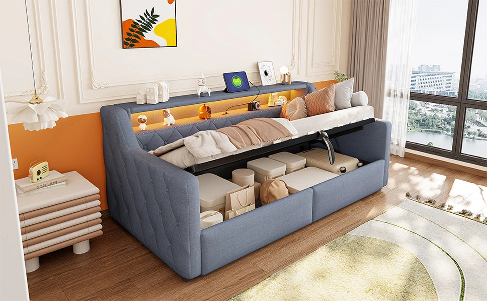 Letto divano 90 × 200 cm con LED, contenitore idraulico, USB e Type-C, senza materasso, grigio