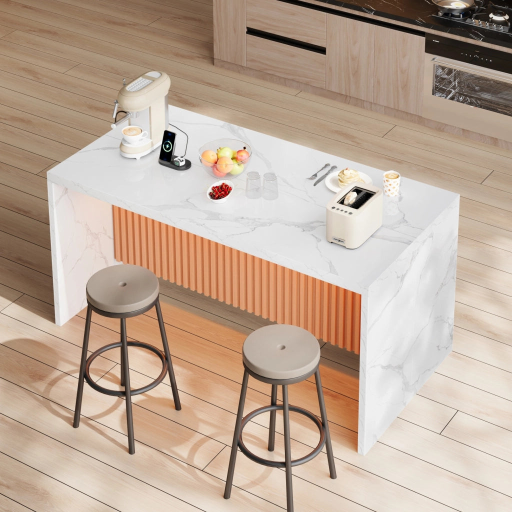 Isola cucina 155x80x90 cm in MDF effetto marmo bianco; con LED; prese e USB