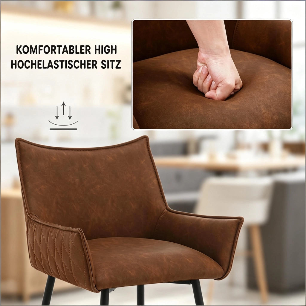 Sgabello da bar Set da 2 con Schienale Ergonomico Braccioli Curvi e Piedini Regolabili in PU e Metallo Marrone