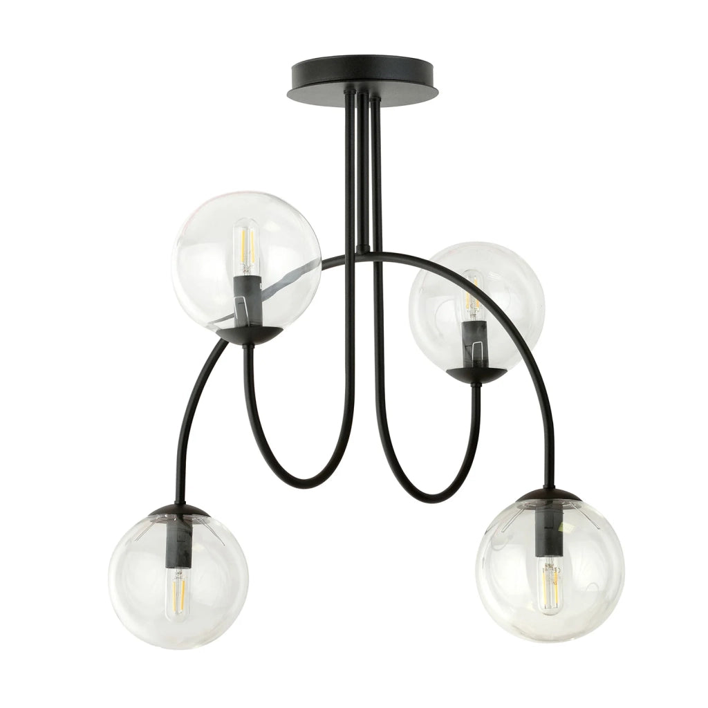 Plafoniera Moderna Utu 4 Luci In Acciaio Nero E Vetro Trasparente 50 Cm