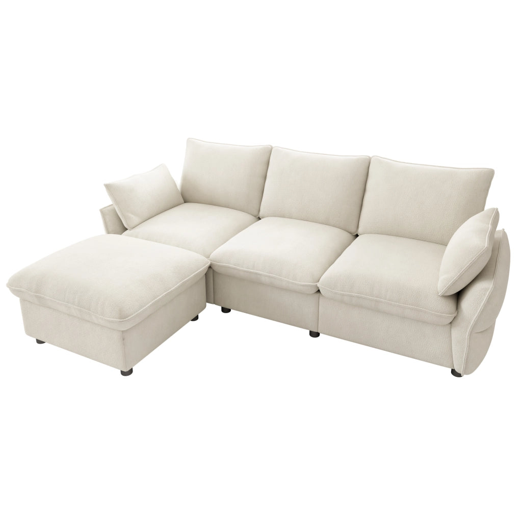 Divano angolare ULEVR 222,5x154,5 cm in ciniglia beige con ottomana separata e 2 cuscini