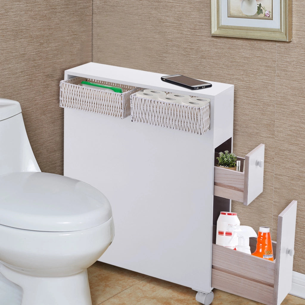 Armadio di legno con cassetti cesti e porta scopino del water-Buffet-Armadio da cucina Credenza con ruote per piccoli spazi Bianco