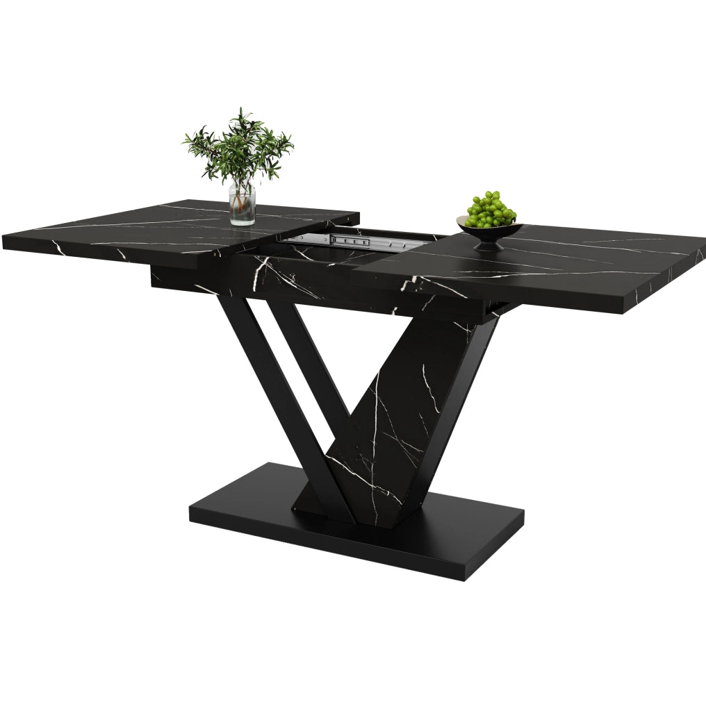 Tavolo da pranzo allungabile 120x75x75.5 cm; design telescopico con piano marmorizzato; MDF e metallo nero
