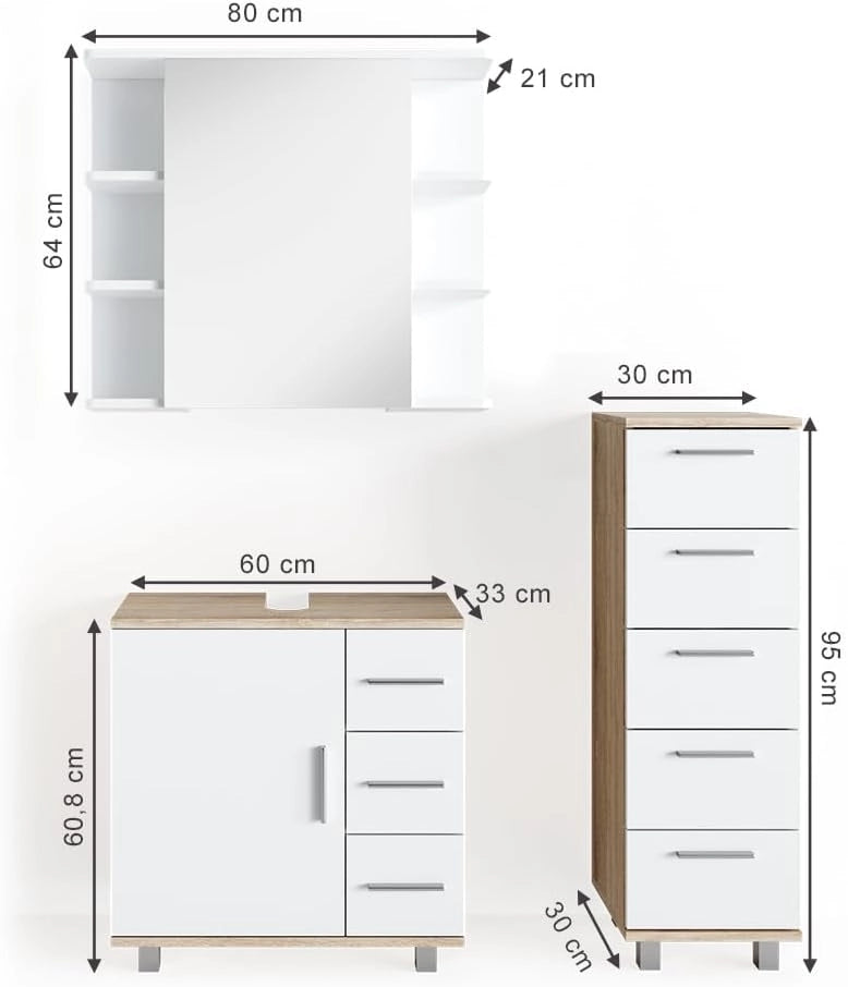 Set mobili bagno Ilias, Sonoma, 60 cm, composto da mobile sottolavabo, specchiera e mobile medio