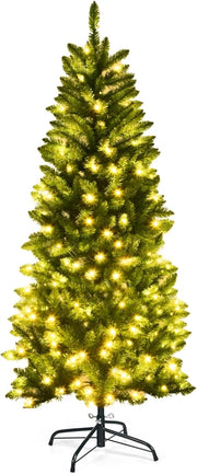 Albero di Natale Slim 150 cm, Albero di Natale con 150 Luci LED, 300 Rami Folti e Base di Metallo, Decorazione Natalizia per Casa e Ufficio (150cm)