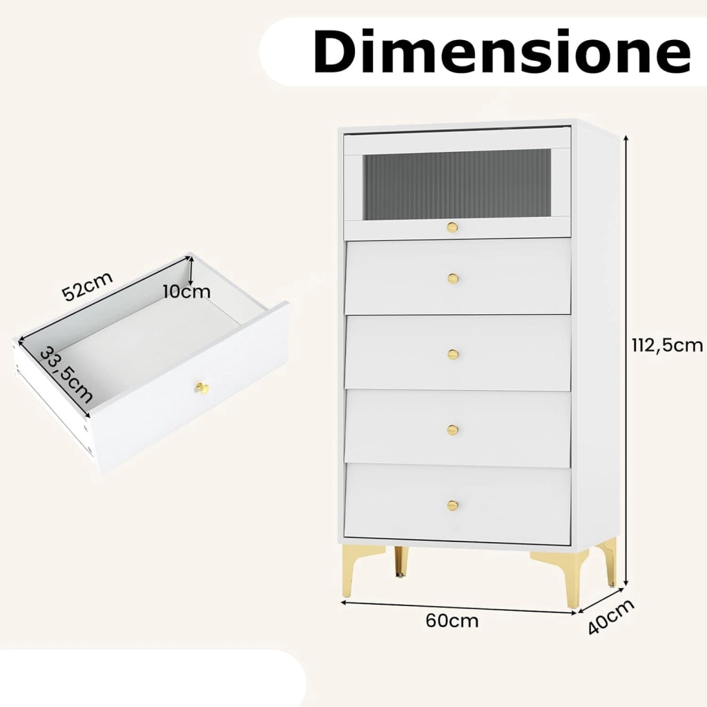 Cassettiera Camera da Letto con 4 Cassetti, Comodino Salvaspazio con Scomparto con Vetrina Ribaltabile, Mobile per Soggiorno Ingeresso e Studio, 60 x 40 x 112,5 cm, Bianco