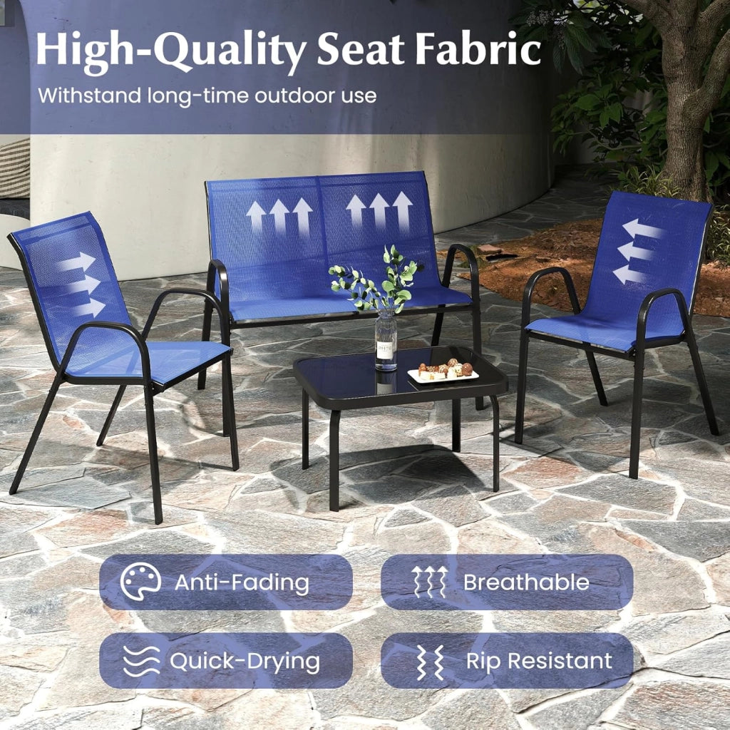 Set Tavolo e Poltrona da Giardino, Set di Mobili 4 Pezzi per Esterno, con Tavolino in Vetro Temperato, Panca e 2 Poltrone, per Giardino Balcone Piscina (Blu)