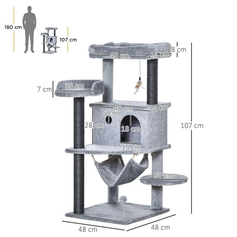 ALBERO TIRAGRAFFI PER GATTI CON PALO, CASETTA, LETTO, AMACA E 2 GIOCHI IN LEGNO E PELUCHE, 48X48X107 CM, GRIGIO