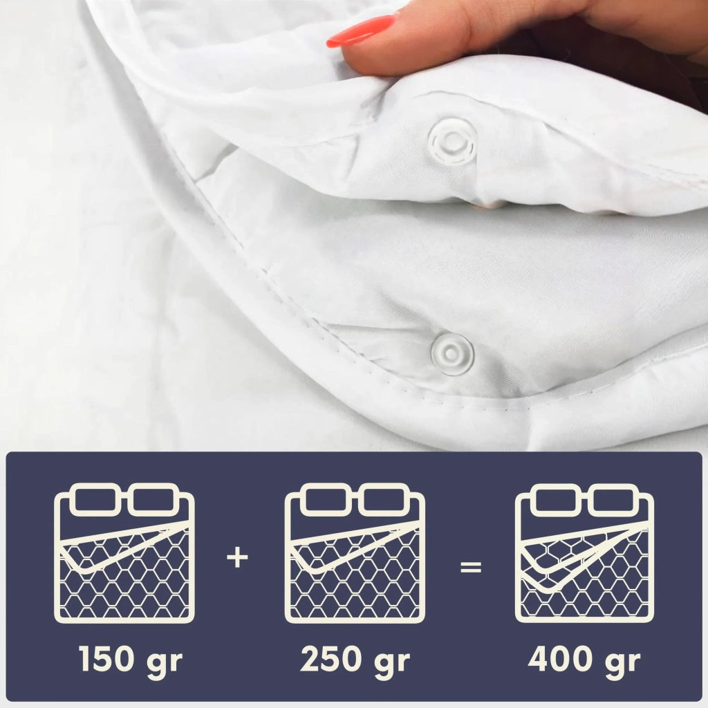 Piumino 4 Stagioni con Clip 135 x 200 cm | Piumone Estivo da 150 gr + Piumone Autunnale da 250 gr | Imbottitura in Ovatta Soft | Piumone Trapuntato in Microfibra Anallergica Bianca
