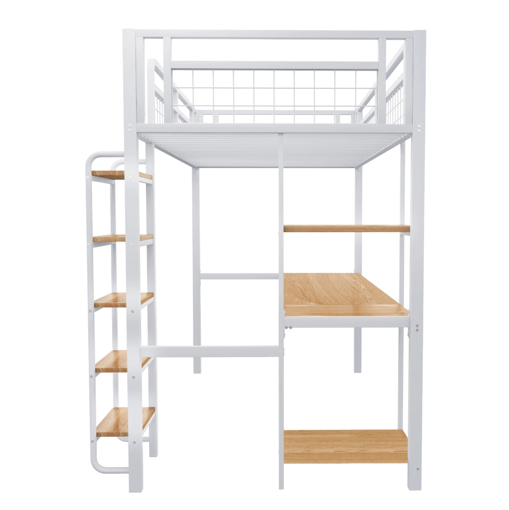 Letto a soppalco 90x200 cm con scrivania e ripiani in metallo bianco