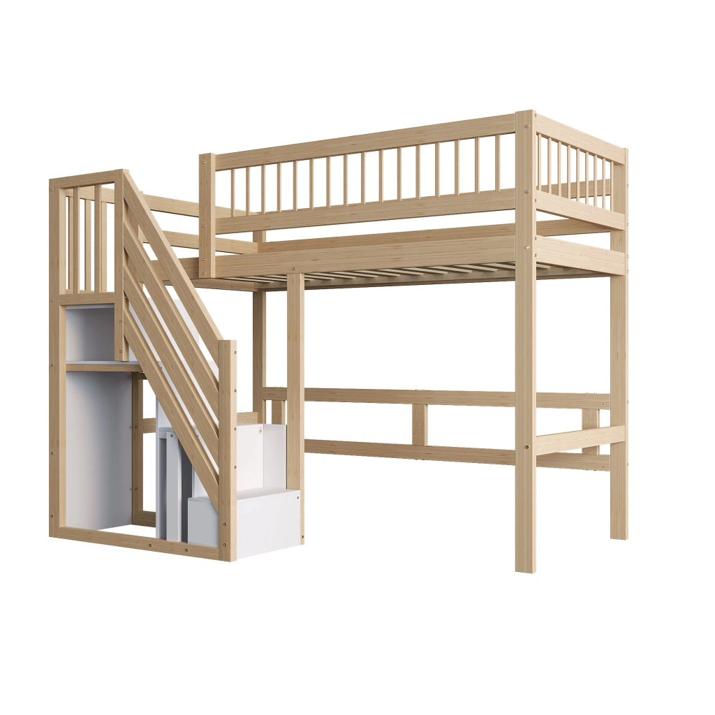 Letto singolo in legno massello naturale con scala e contenitori integrati 90x200 cm