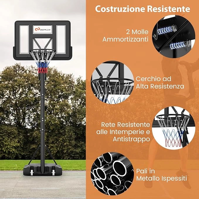 Canestro da Basket da Esterno, Canestro Basket Portatile e Regolabile in Altezza da 1,5 a 3 M con Tabellone in PC da 111 cm, Base Riempibile, Borsa per Pesi e Ruote