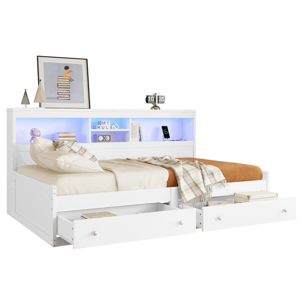 Divano letto 90x200 cm con LED e USB; prese e 2 cassetti truciolare bianco (Senza materasso)