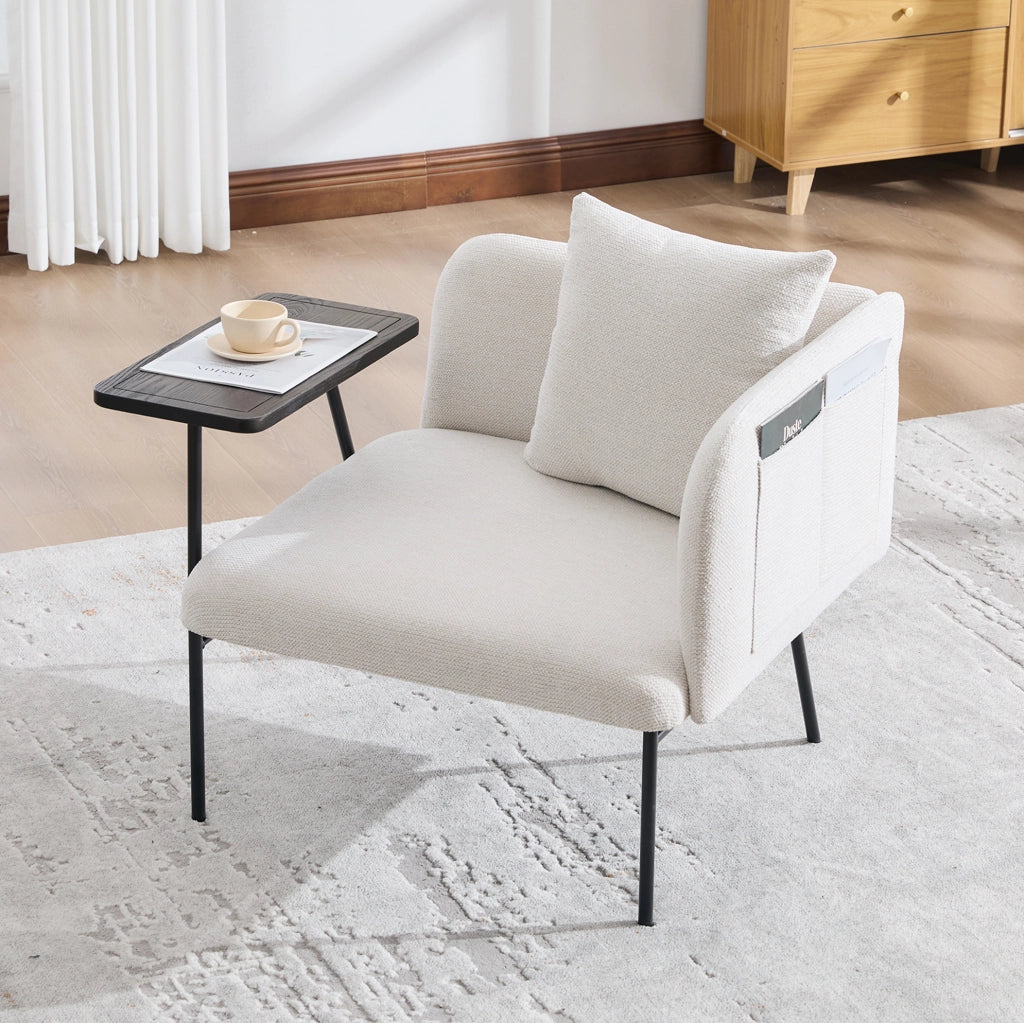 Poltrona in ciniglia beige con tavolino laterale e 2 tasche portaoggetti