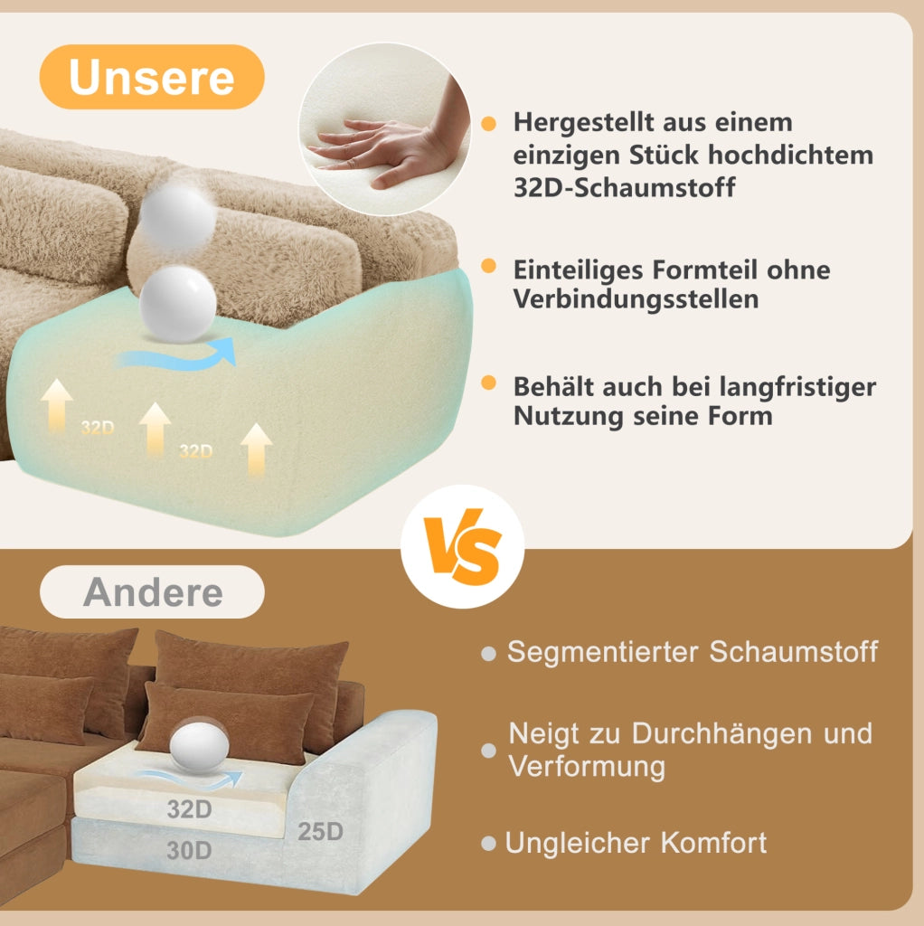 Divano modulare senza struttura 204x104x73 cm in tessuto plush; base antiscivolo; kaki chiaro
