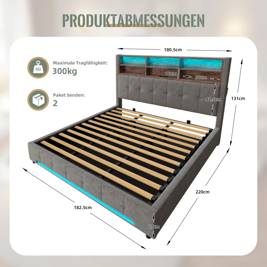 LETTO Contenitore 180x200 cm in velluto grigio scuro con LED, USB-C e testiera multifunzione