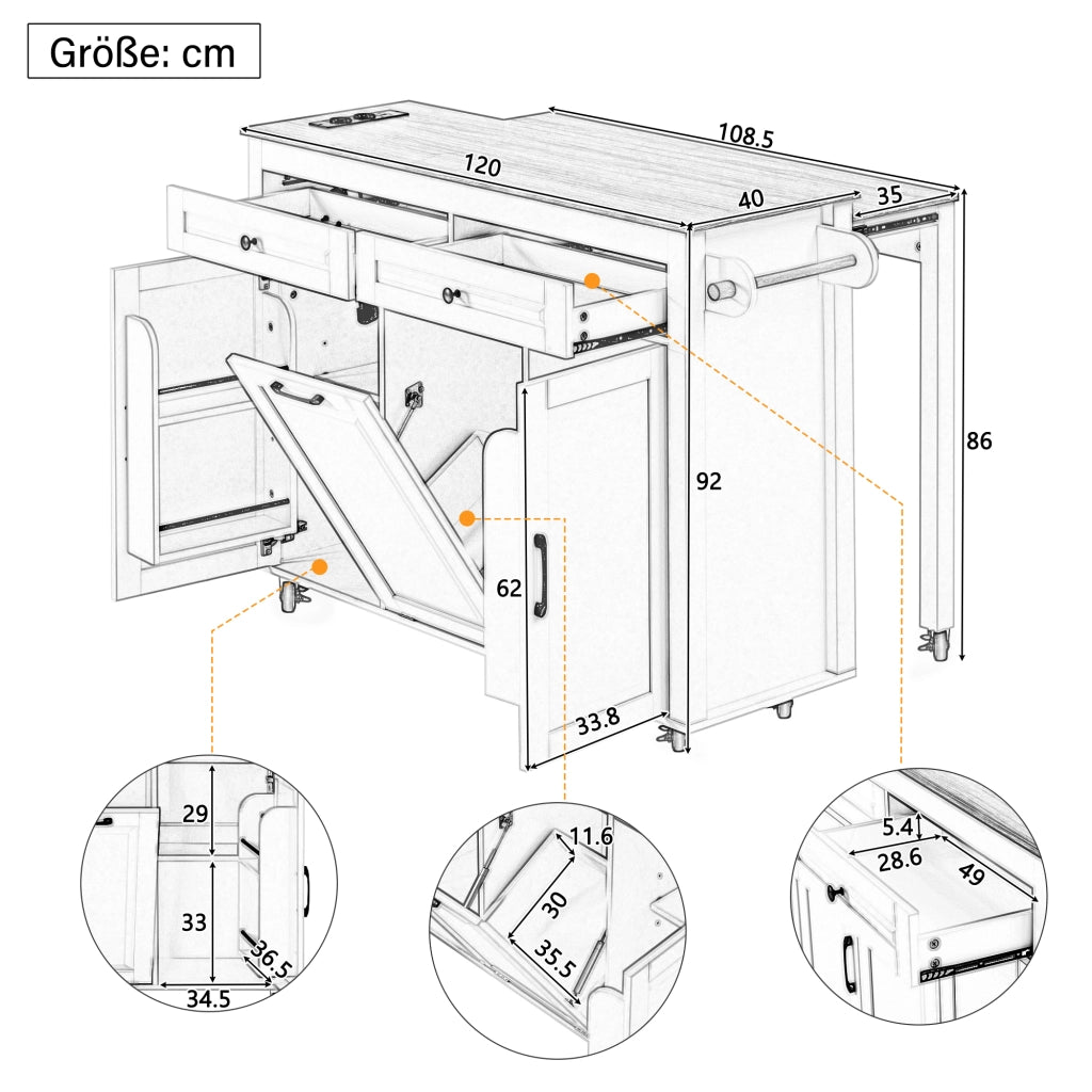Carrello da Cucina con 2 Ante; Ripiani Regolabili; Piano Estensibile; Prese e Vano Pattumiera; per Cucina; in MDF; 120 x 40-75 x 92 cm; Grigio