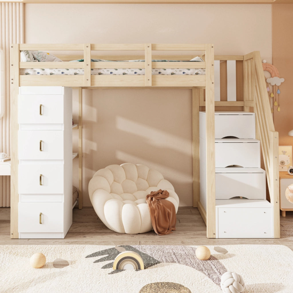 LETTO A CASTELLO 90x200 cm in legno naturale con 4 cassetti e scaffale