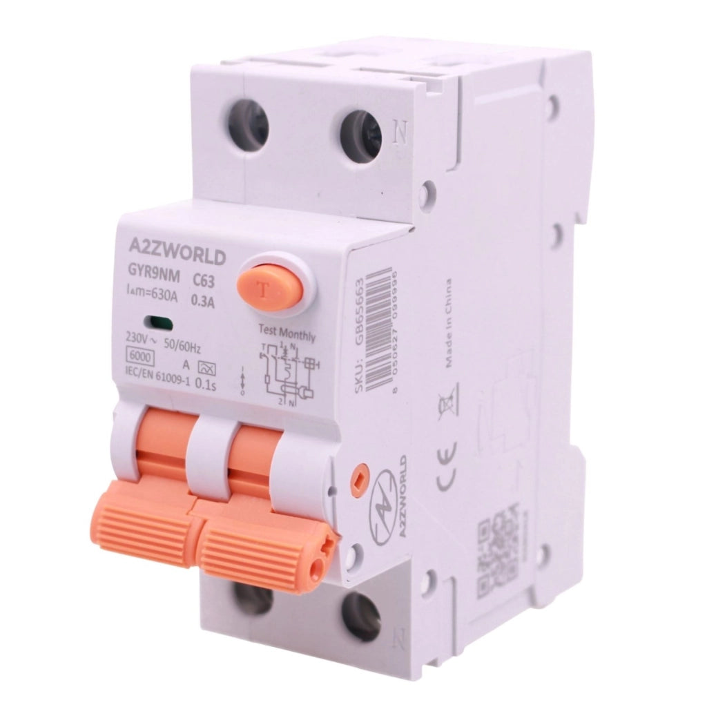 RCBO Doppia Leva, Interruttore Magnetotermico Differenziale Tipo A Curva C 1P+N 2M 6000A 300mA AC 230V IP20 IEC61009-1 GYR9NM, Disponibili 40A 50A 63A (C63A)