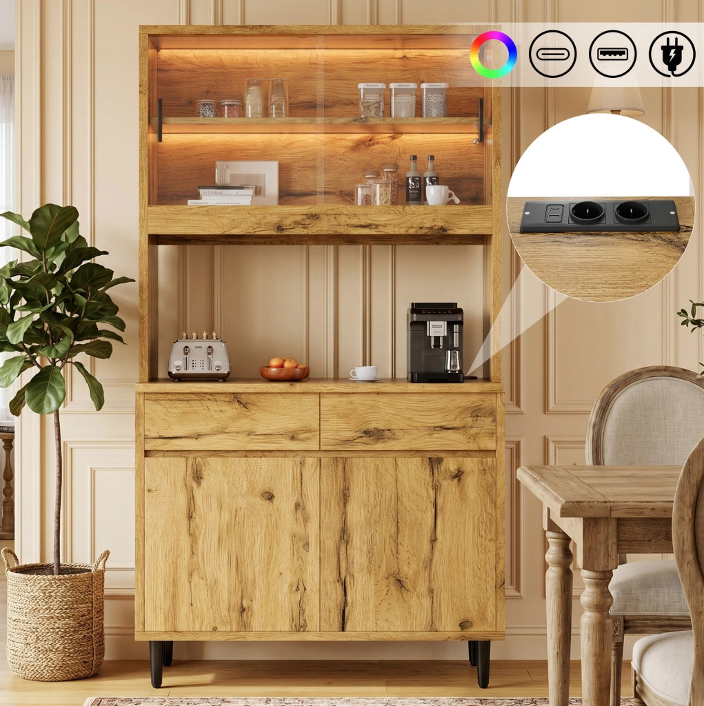 Credenza alta da sala da pranzo 100x40x185 cm con LED; prese e porte in vetro; rovere