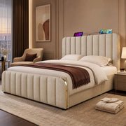 Letto matrimoniale imbottito 160x200 cm beige con testiera USB Type-C e contenitore idraulico