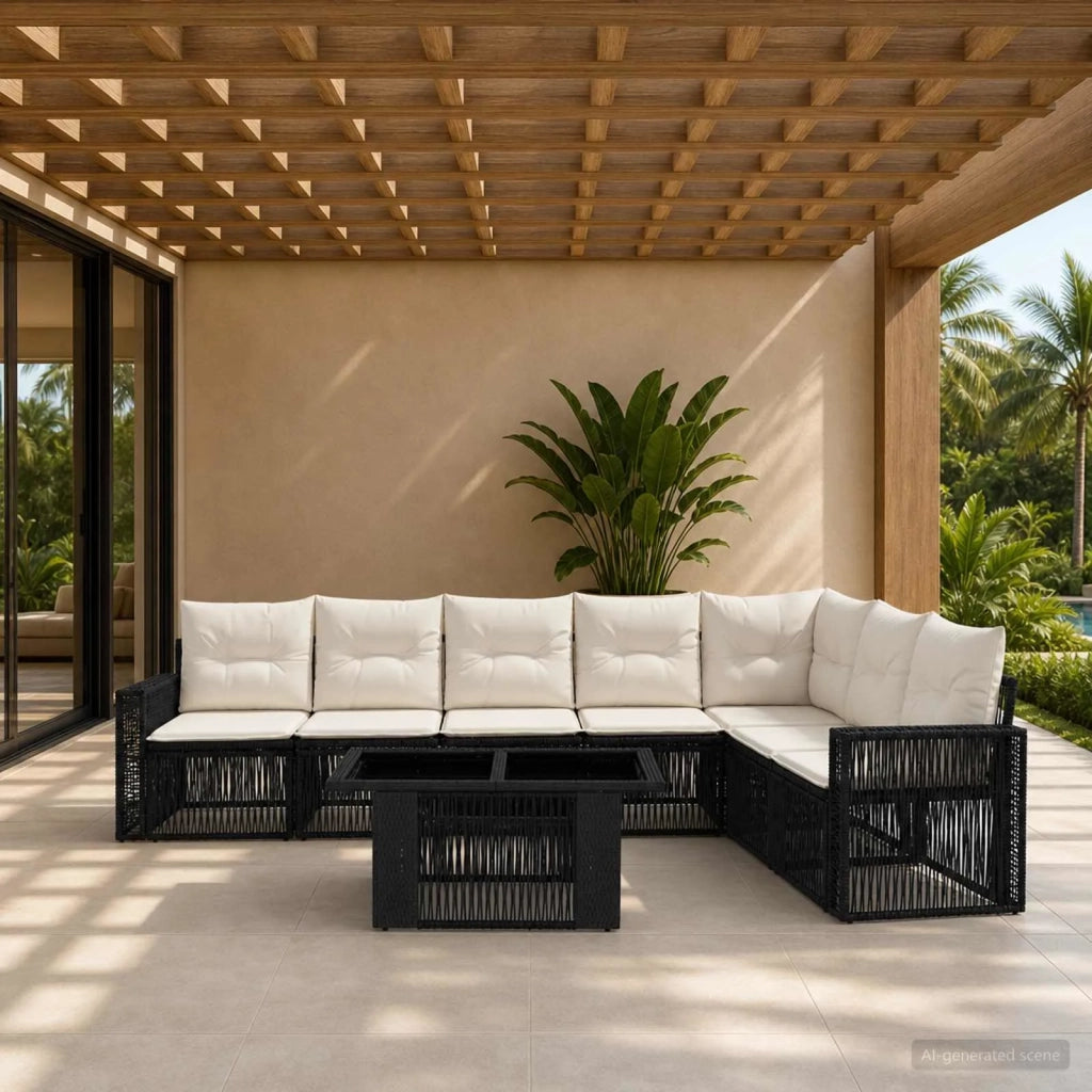 Set Divano da Giardino 8 pz Nero e Bianco Crema polyrattan 3436795