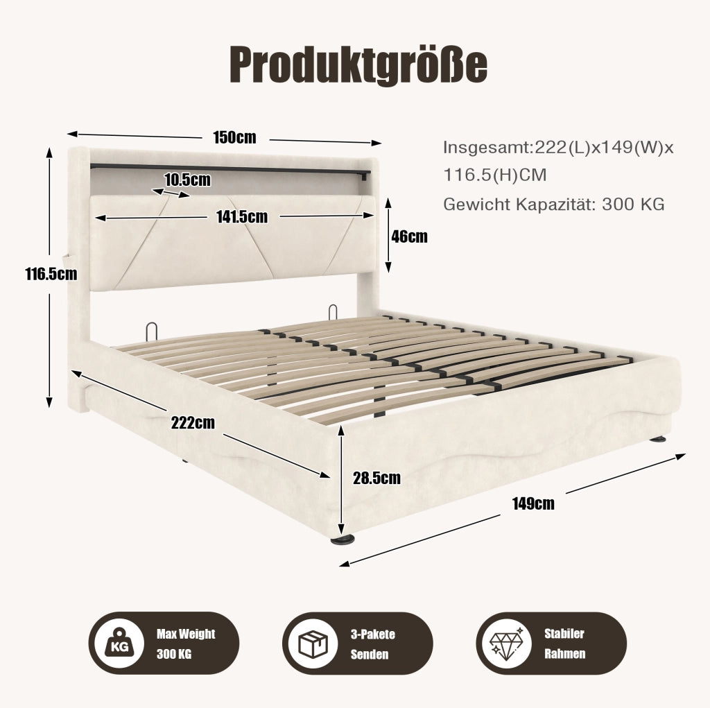 LETTO Contenitore 140x200 cm in velluto beige con LED, USB e tasche laterali