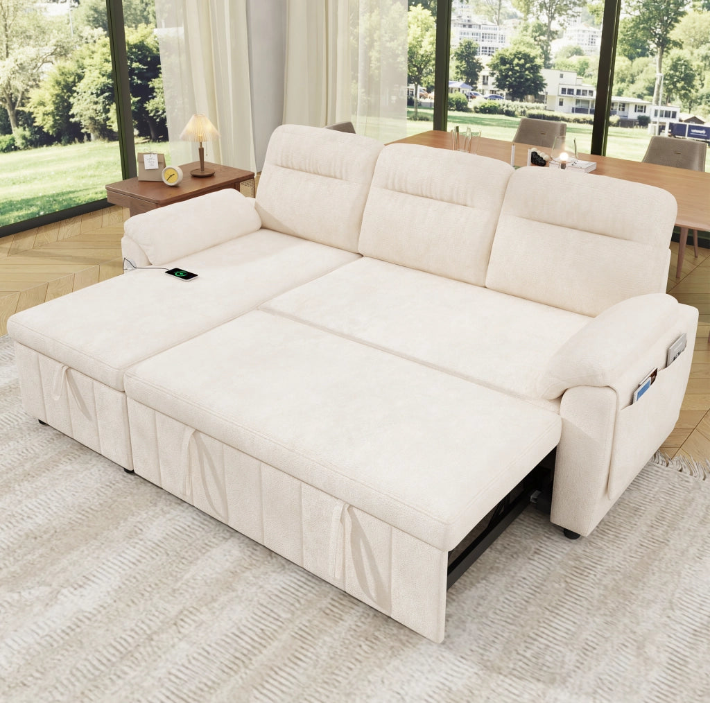 Divano angolare L convertibile con letto estraibile; chaise longue reversibile; USB/Type-C; beige