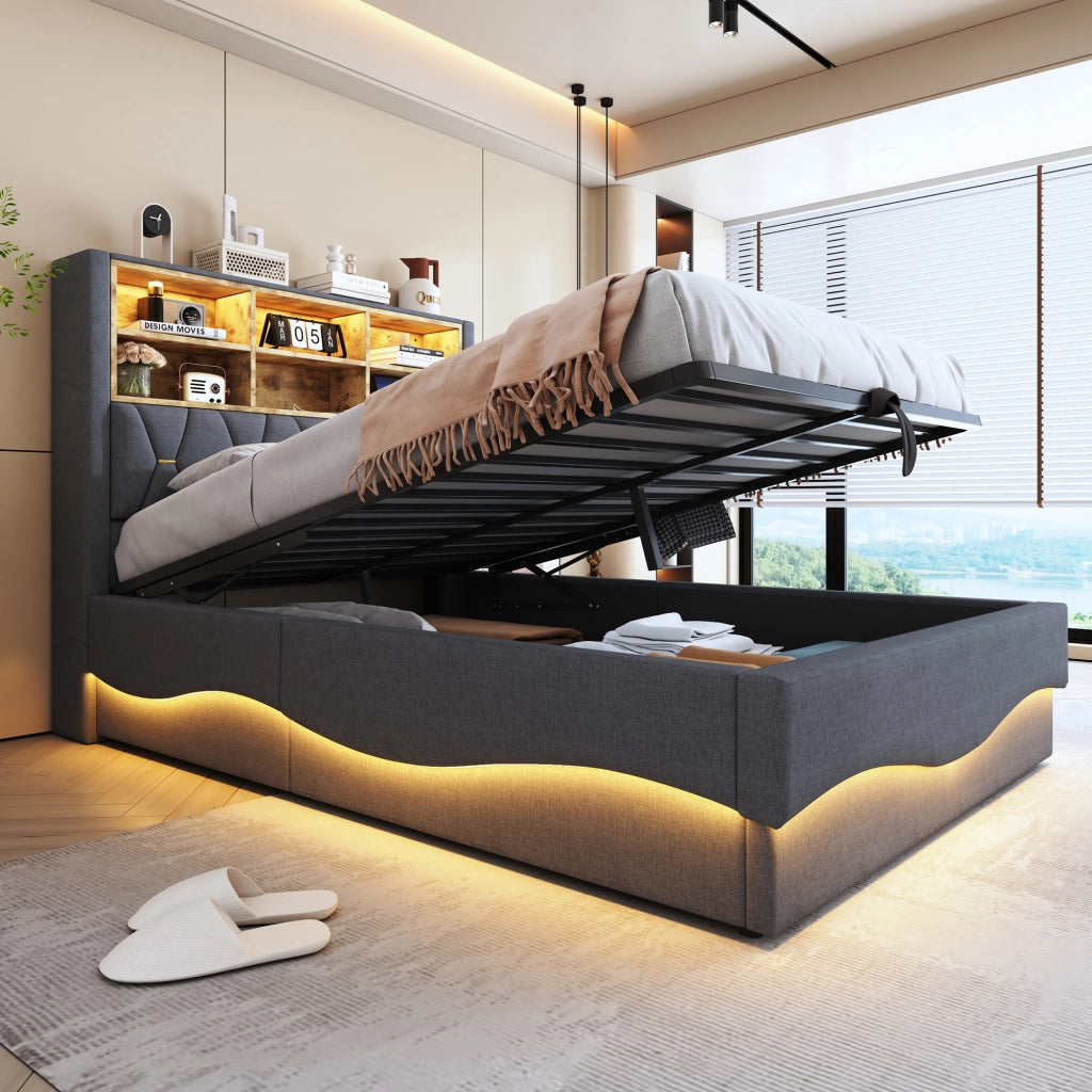 OKWISH Letto Contenitore 140×200 cm, Letto Matrimoniale con LED, USB e Vano a Giorno, senza Materasso, Grigio