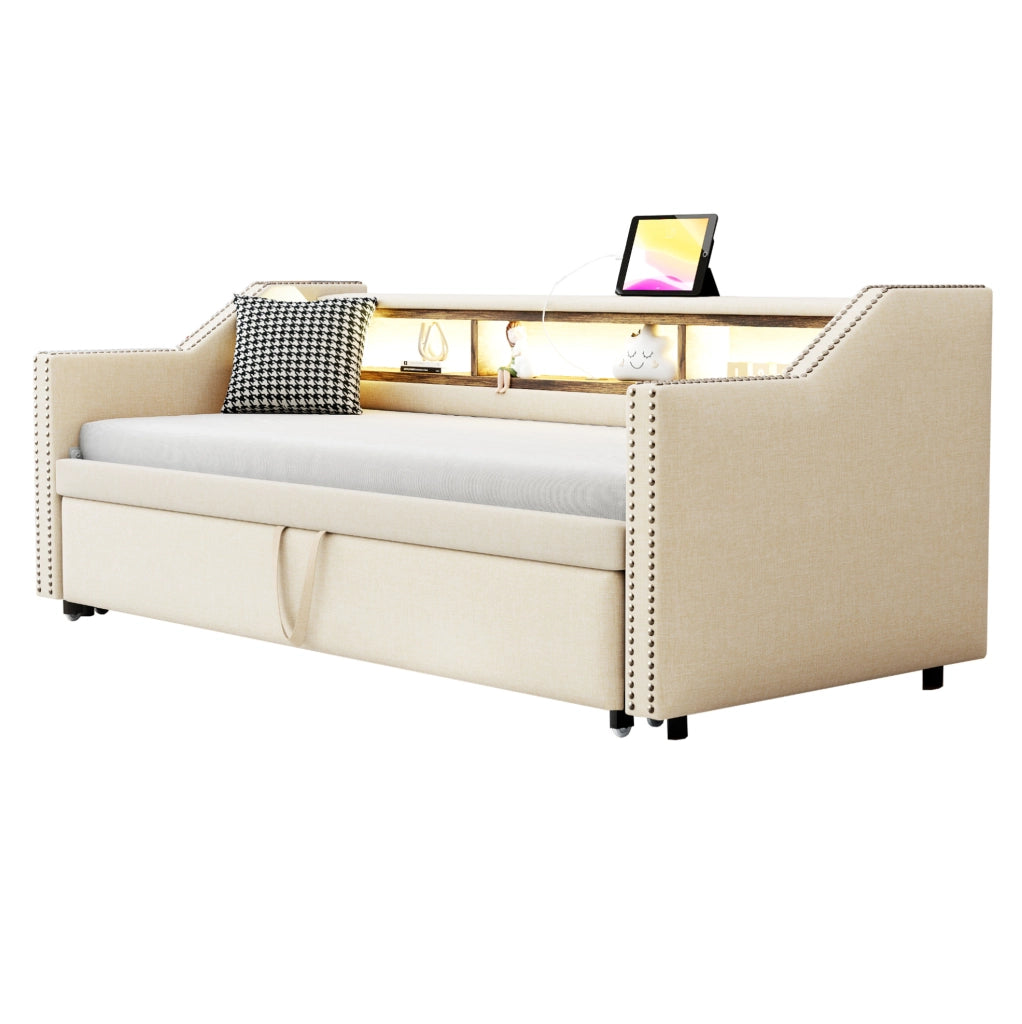 Divano letto estraibile beige 90/180x190 cm con LED, USB, 2 materassi H3