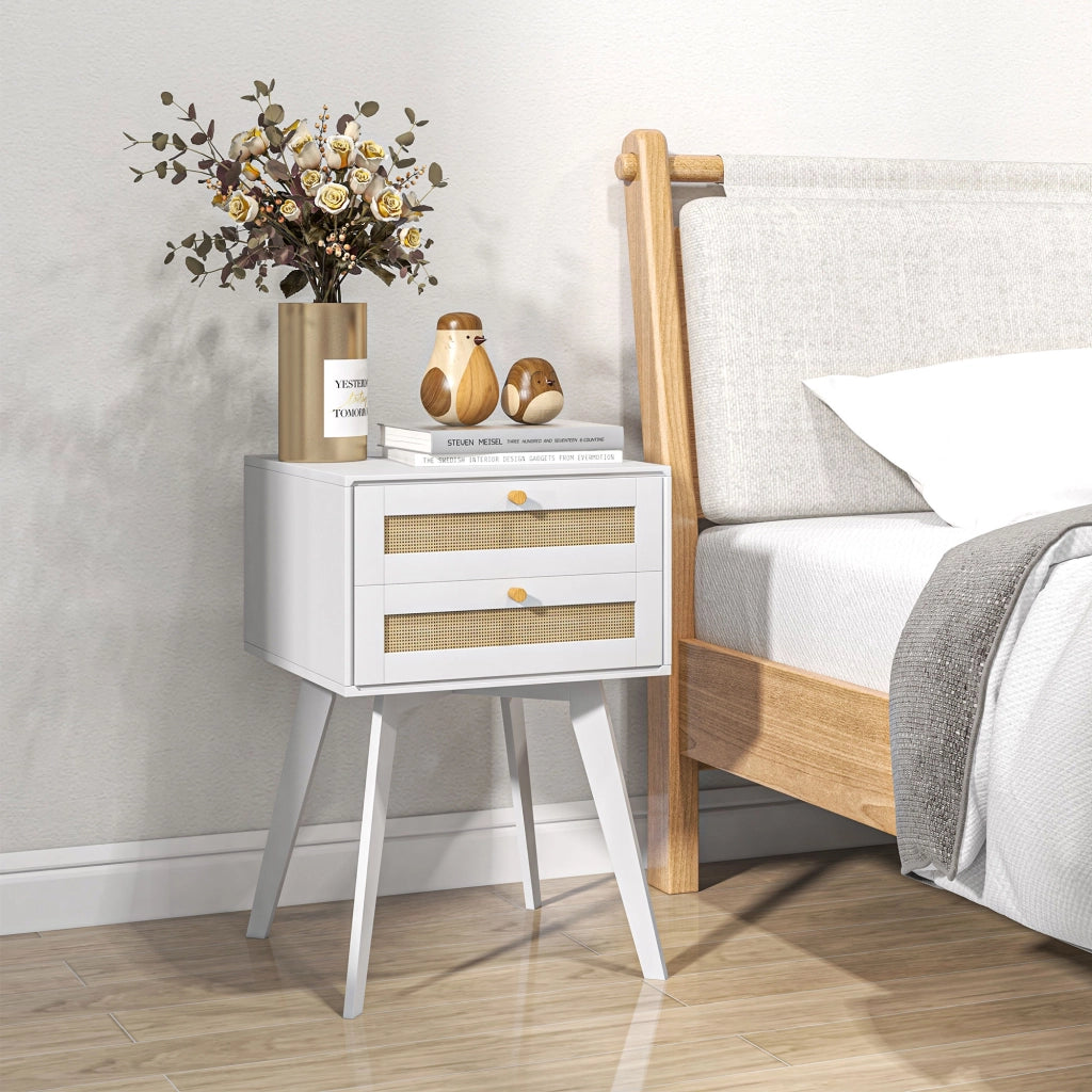 Comodino con 2 Cassetti Stile Cannage ¨C Zephmum ¨C Bianco 40x40x60 cm