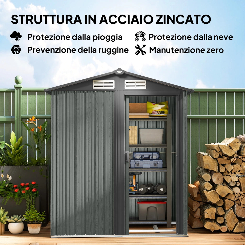 Casetta da Giardino Porta Attrezzi 152x132x188 cm con Tetto Inclinato e 4 Prese d'Aria in Acciaio Grigio