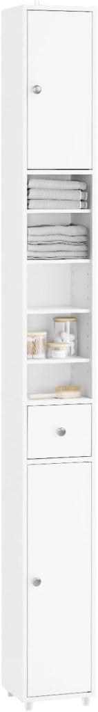 Mobile Bagno Alto e Stretto, Mobili Salvaspazio Mobiletto a Colonna da Terra con Ripiani Regolabili e Cassetto Armadietto per Bagno e Lavanderia 20×20×180 cm BZR34-II-W