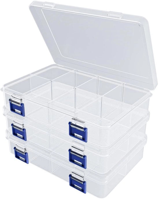 Set di 3 Scatole di Stoccaggio Stacking - 8 Cassetti Regolabili - Plastica - Translucida - Risparmio di Spazio - Scatole di Stoccaggio