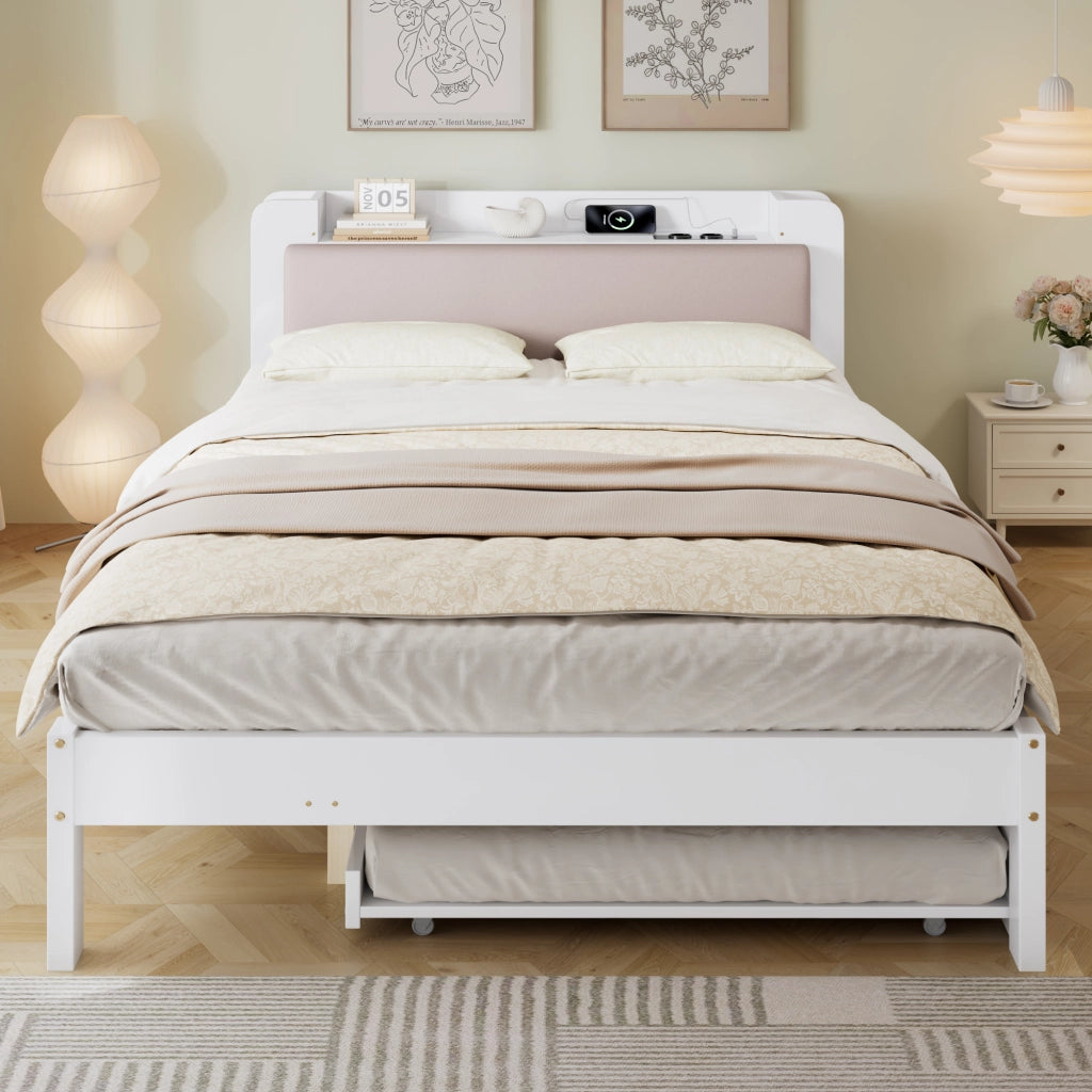 Letto Estraibile 120x200 cm; Letto 2 Posti con Stazione di Ricarica e Mensole - Bianco