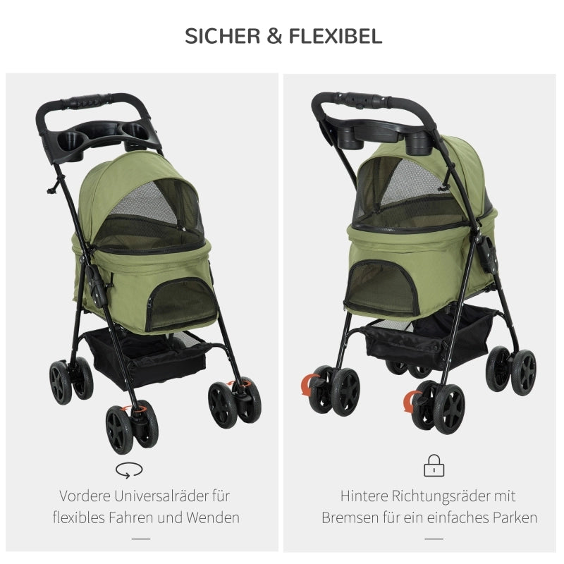 Passeggino/carrozzina per cani, pieghevole, con 2 guinzagli di sicurezza e 2 portabicchieri, 67 x 45 x 96 cm, verde