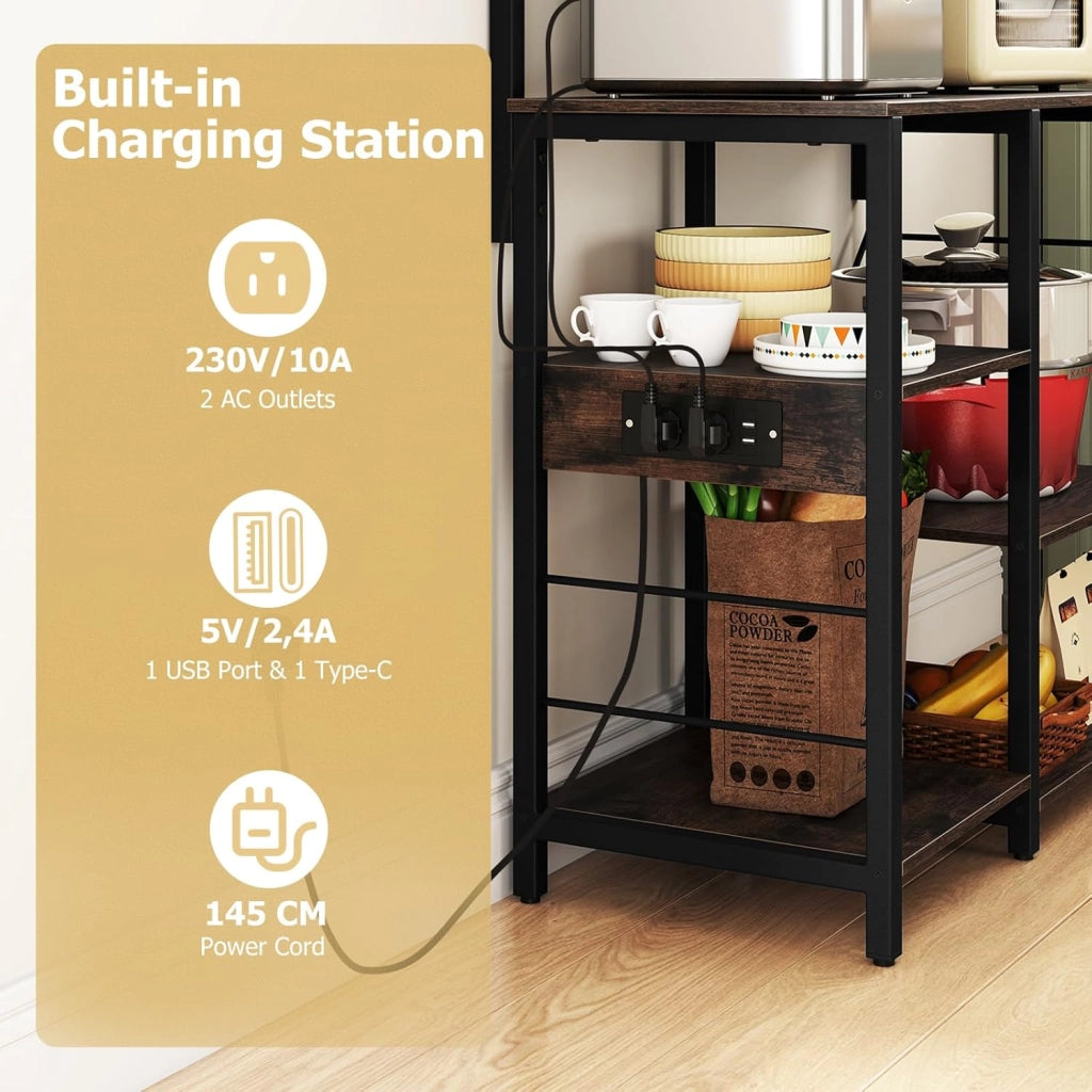 Scaffale da Cucina con Stazione di Ricarica, Luci, Supporto per Microonde a 6 Livelli per Spezie, Utensili, Piante, Mobile di Stoccaggio Industriale per Cucina, Marrone Rustico