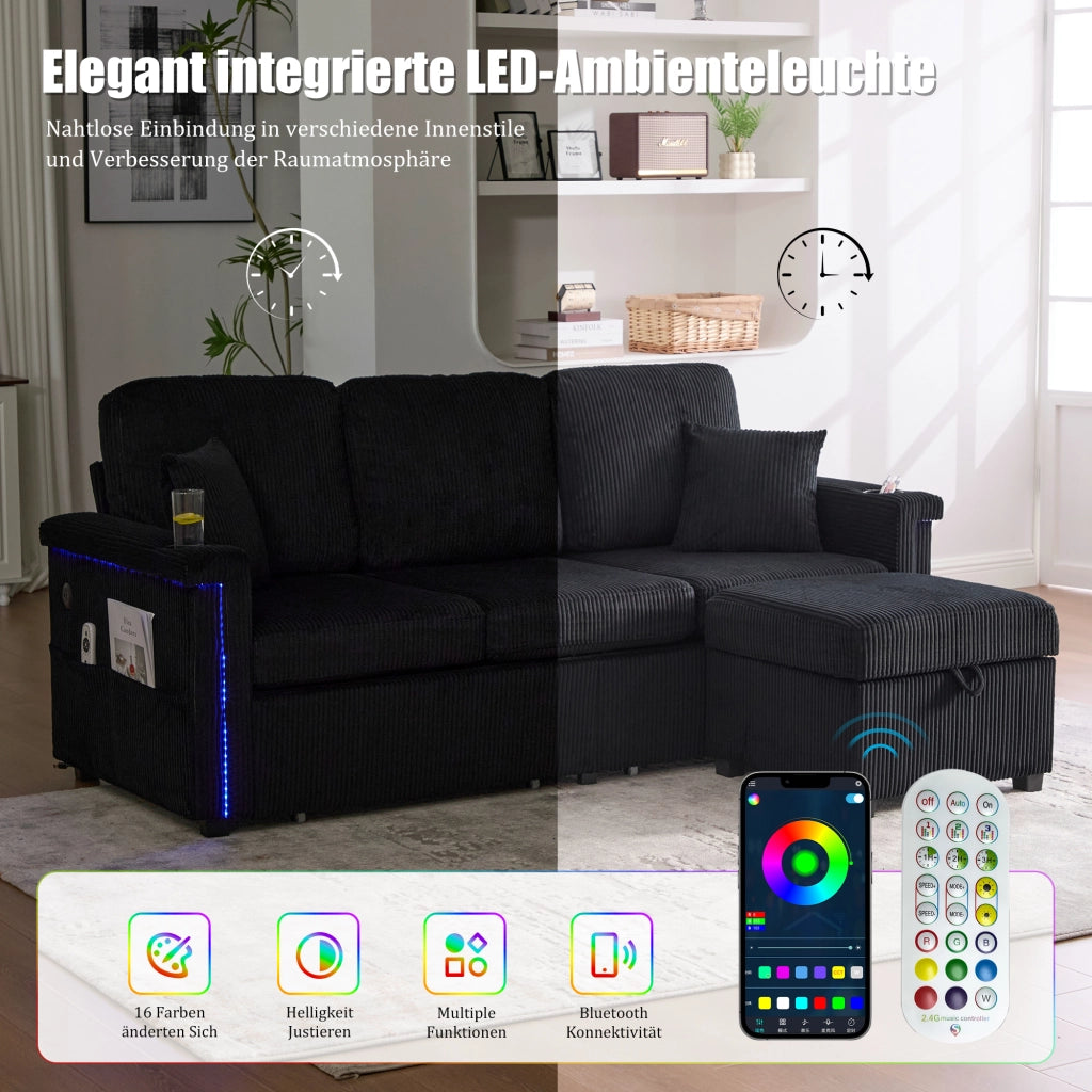DIVANO Modulare 194x73x81 cm Nero in tessuto con LED e USB