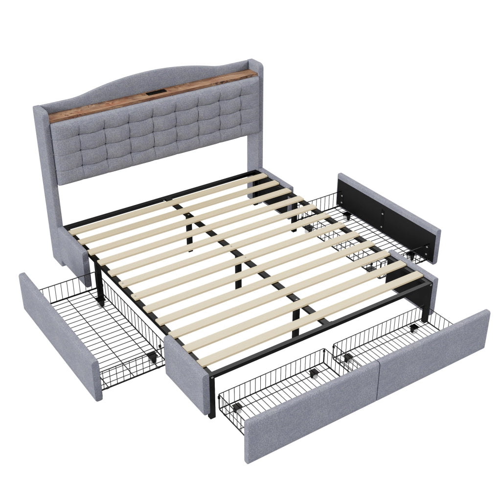 Letto matrimoniale imbottito 140x200 cm con USB; 4 cassetti; tessuto effetto lino grigio