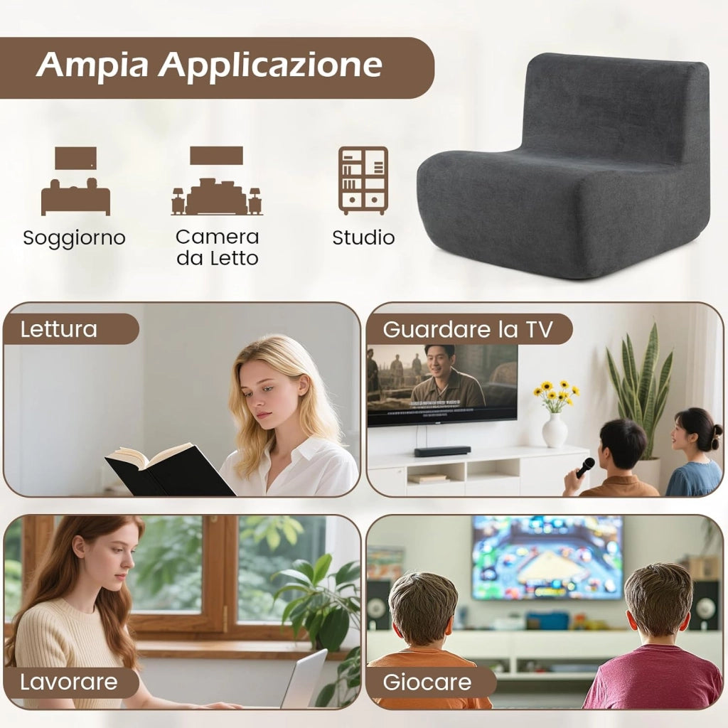 Divano Singolo da Pavimento, Poltrona da Divano con Morbido Velluto e Supporto Ergonomico, Poltrona Sacco da Lettura per Soggiorno, Camera da Letto (Grigio)