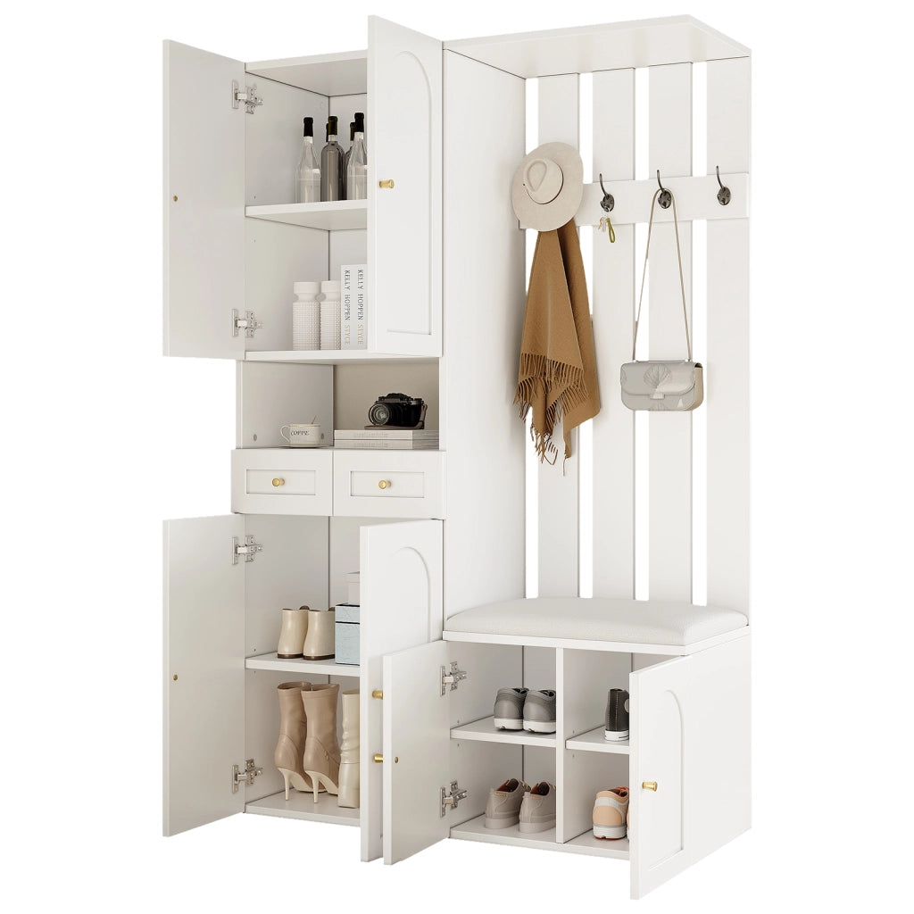 Mobile da ingresso con panca, 2 cassetti, 4 ganci e 6 ante, bianco, 110 × 37 × 180 cm