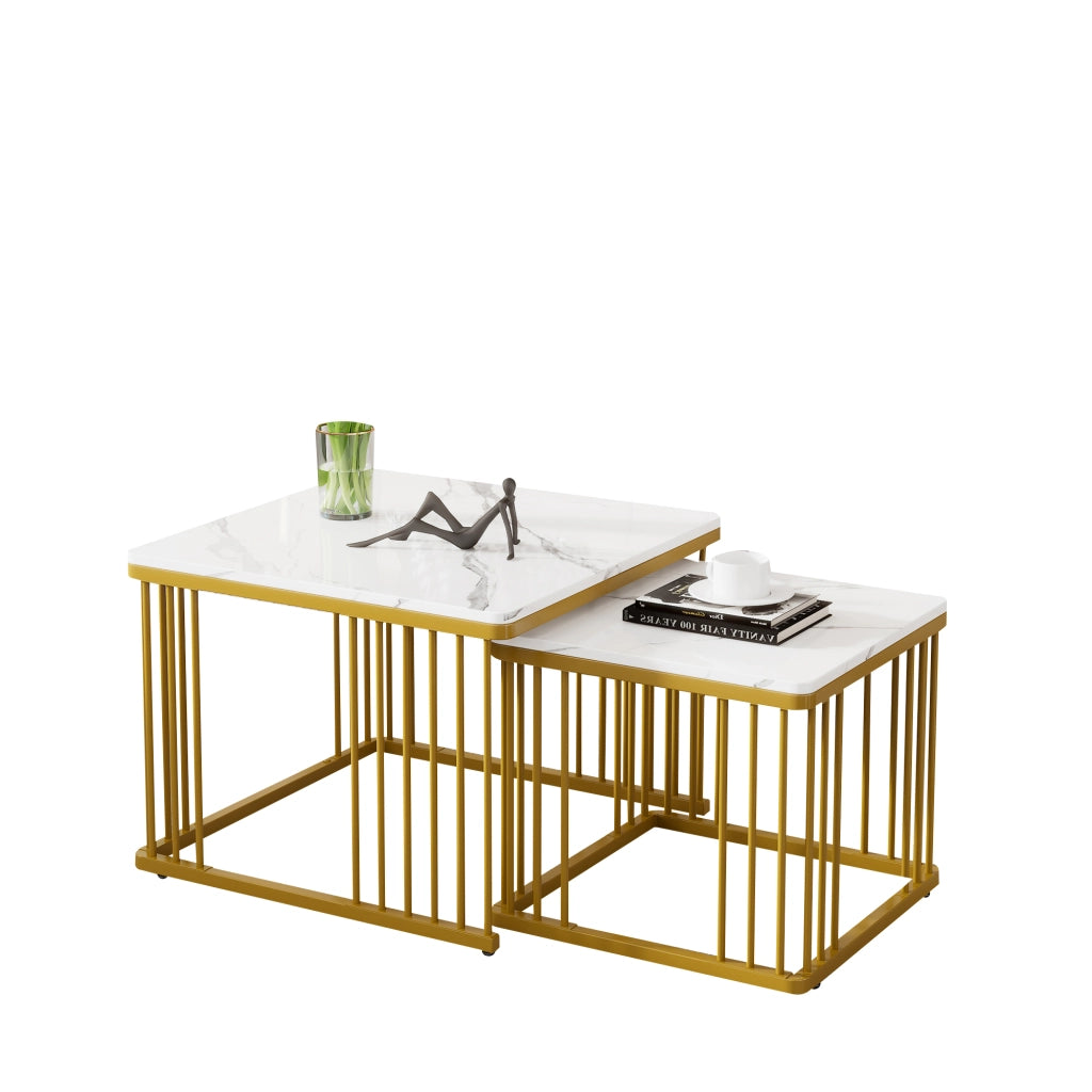 TAVOLINO DA CAFFÈ Quadrato Set 2 pezzi 60x60/45x45 cm Effetto Marmo Bianco Oro